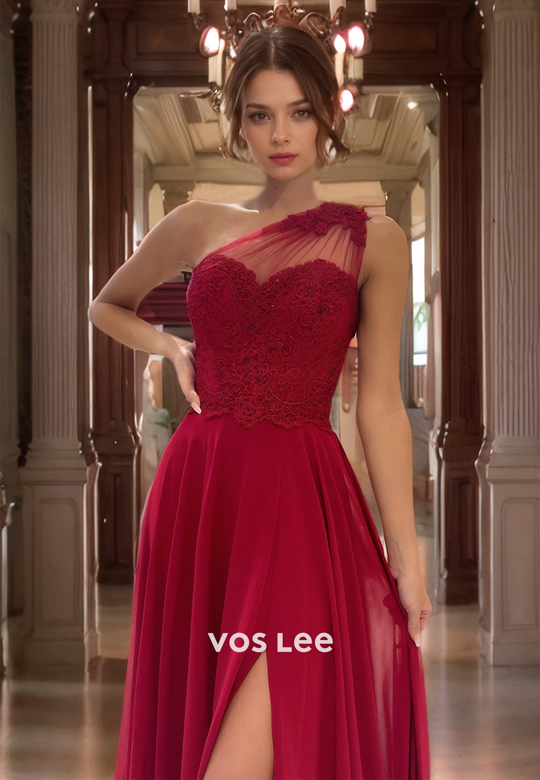 A-Line One Shoulder Cutout Sweep Train Burgundy Tulle Prom Dress with Lace Appliques