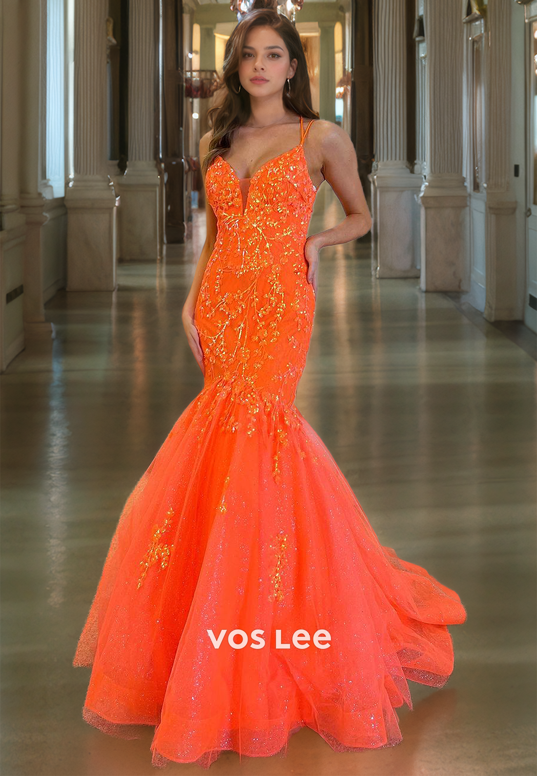 Luxurious V Neck Orange Mermaid Prom Gown Floor Length Lace Up Quinceanera Dress with Appliques