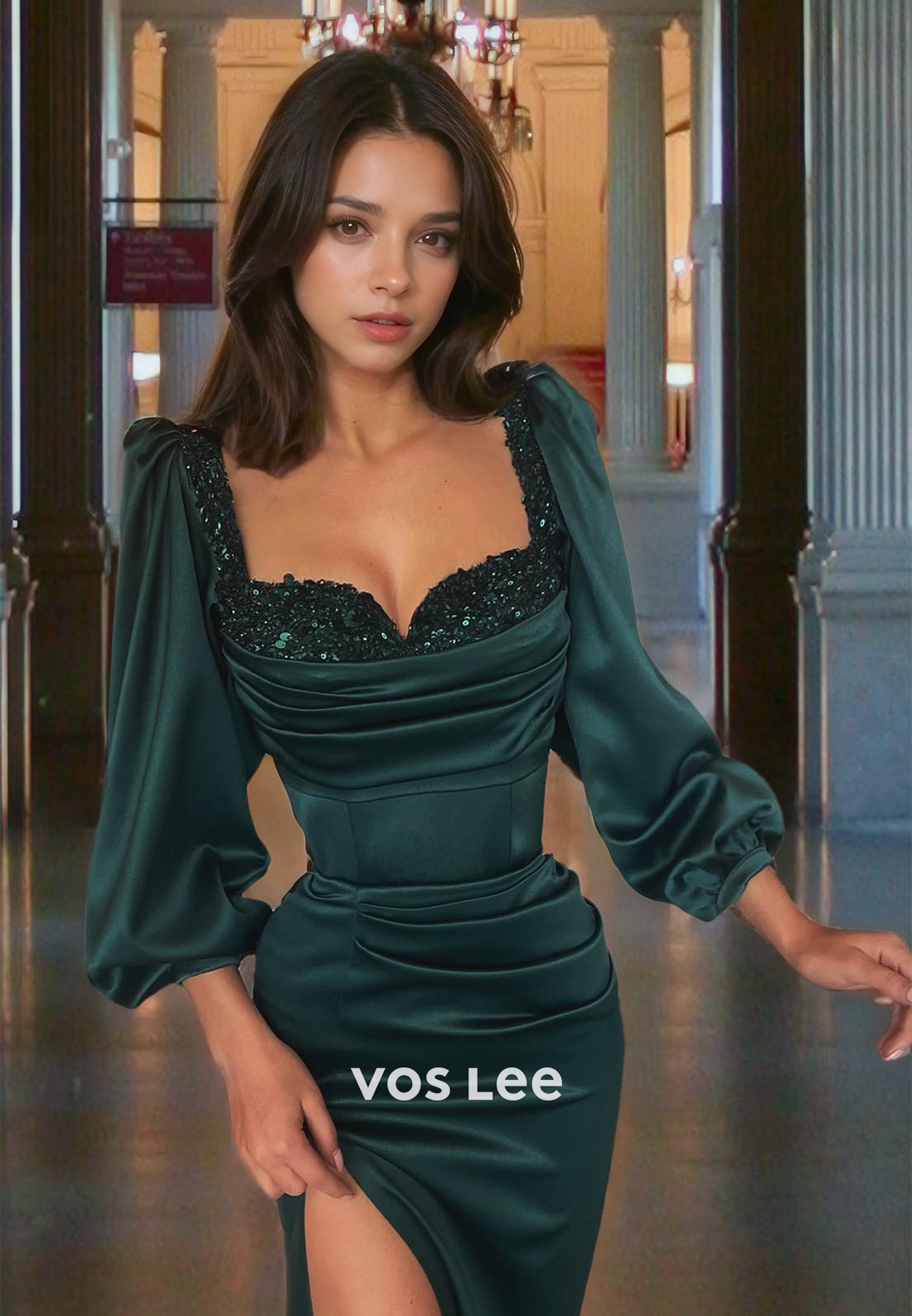 Elegant Sweetheart Dark Green Formal Occasion Dress Full Sleeves Sequins High Split Prom Dresses