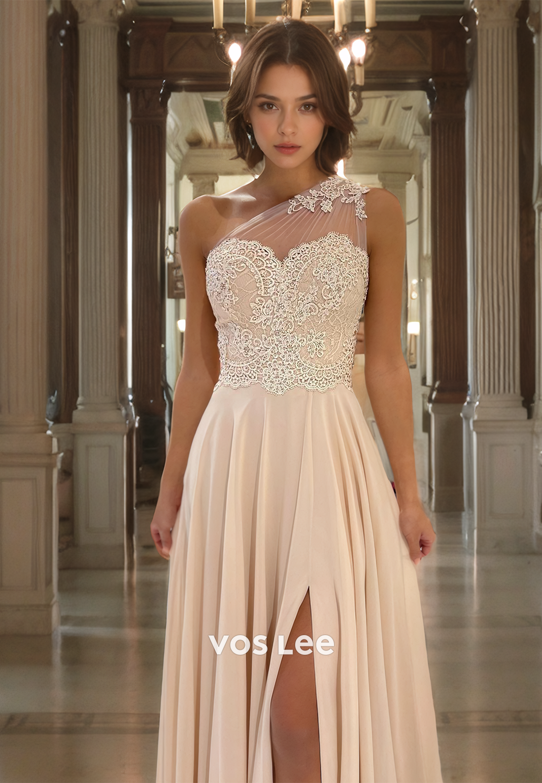 A-Line One Shoulder Sweep Train Cutout White Tulle Prom Dress with Applique Lace