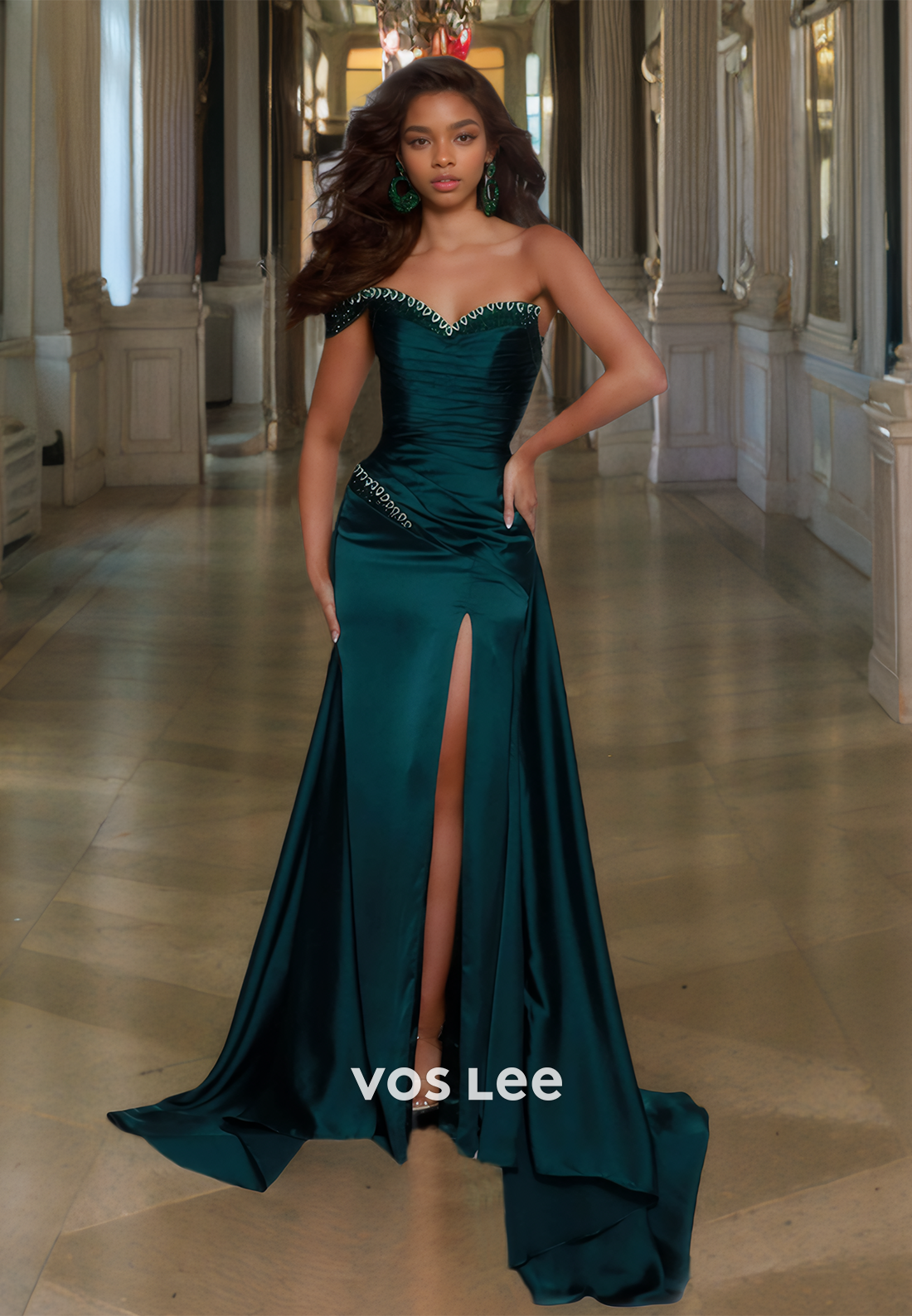 Unique Sheath One Shoulder Sleeveless Back Zipeer Sweep Train Pleated Satin Prom Formal Dress