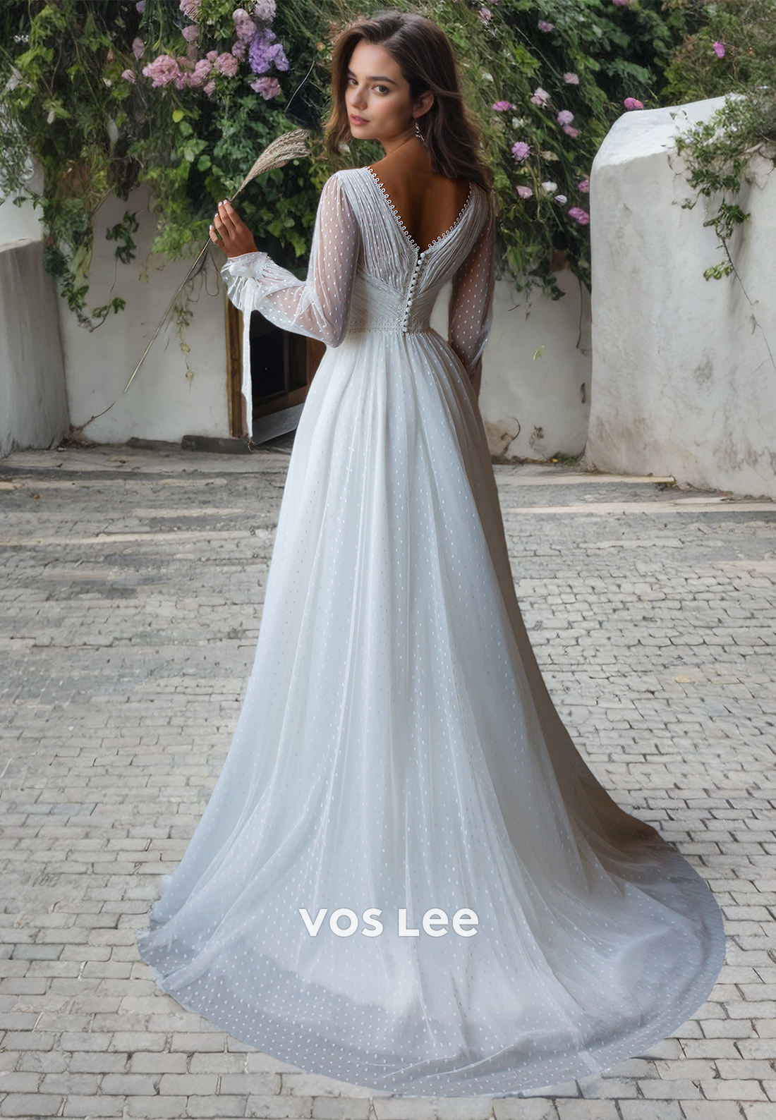 A-Line Polka Dot V-Neck Formal Wedding Dress Floor Length Chiffon Long Sleeves Bride Gown