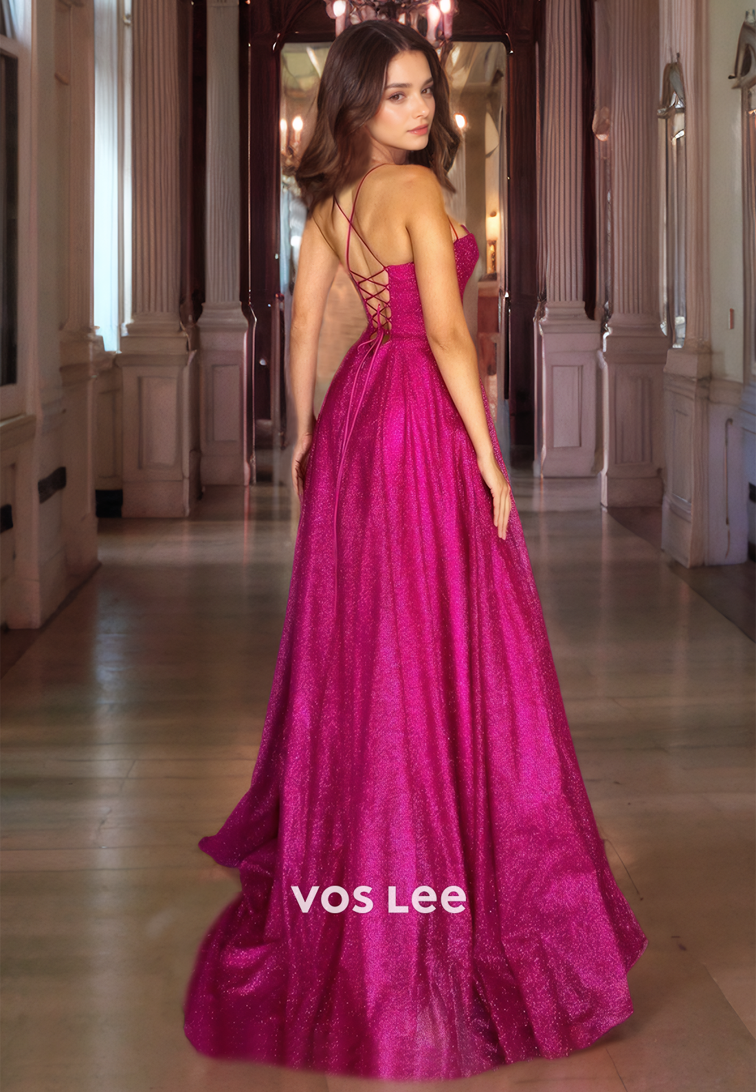 Fuchsia A-Line Sequined Corset Back Prom Dress with High Slit Sweetheart Glitter Elegant Formal Evening Dresses