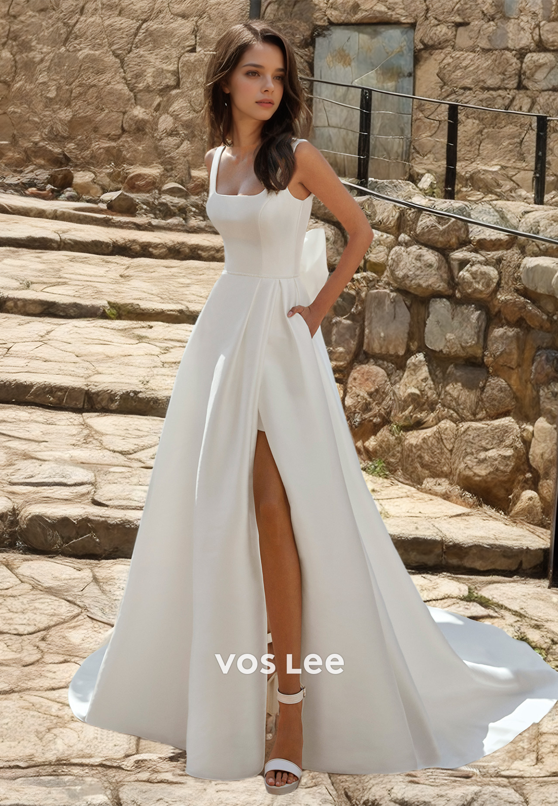 A-Line Square Satin Wedding Dresses with Bow Formal Backless Side Slit VOS LEE A-Line Square Satin Wedding Dresses with Bow Formal Backless Side Slit VOS LEE