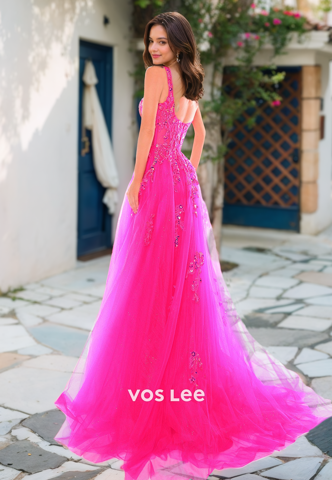 Charming A-Line Scoop Neck Spaghetti Straps High Split Sequins Tulle Prom Formal Dress