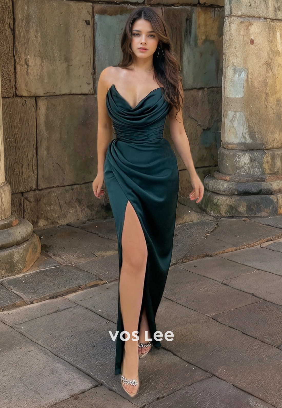 Elegant V-neck Pleated Satin Evening Prom Gown Floor Length Strapless Sexy Party Dresses with High Slit