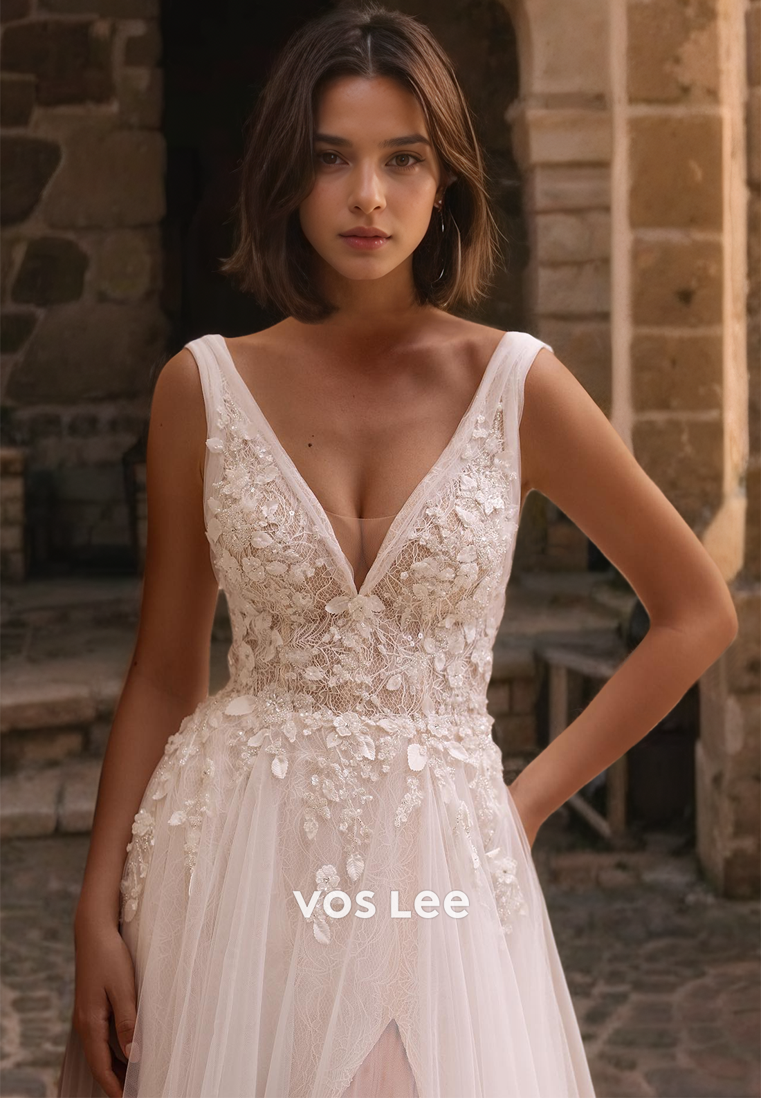 A-Line Appliqued Tulle Formal Wedding Dress Elegant Floor Length V-Neck Engagement Dress