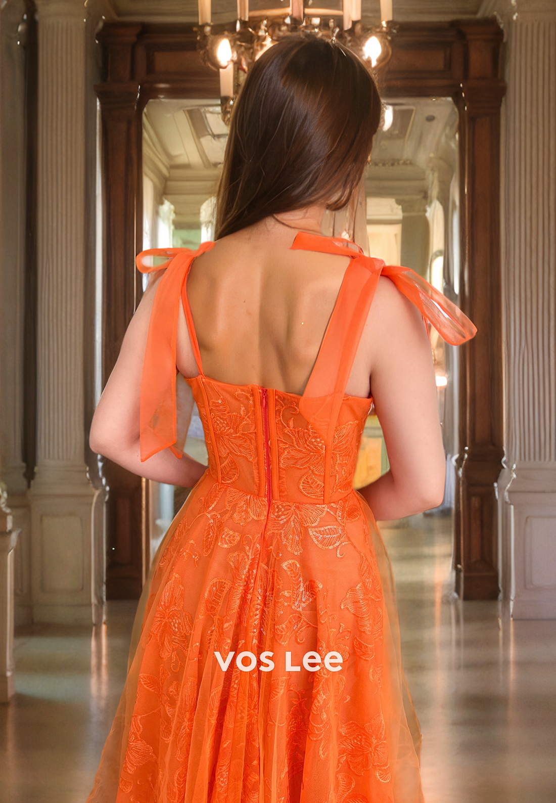 Gorgeous Orange Applique Tulle Formal Party Dress A-Line Spaghetti Straps Long Formal Evening Dress