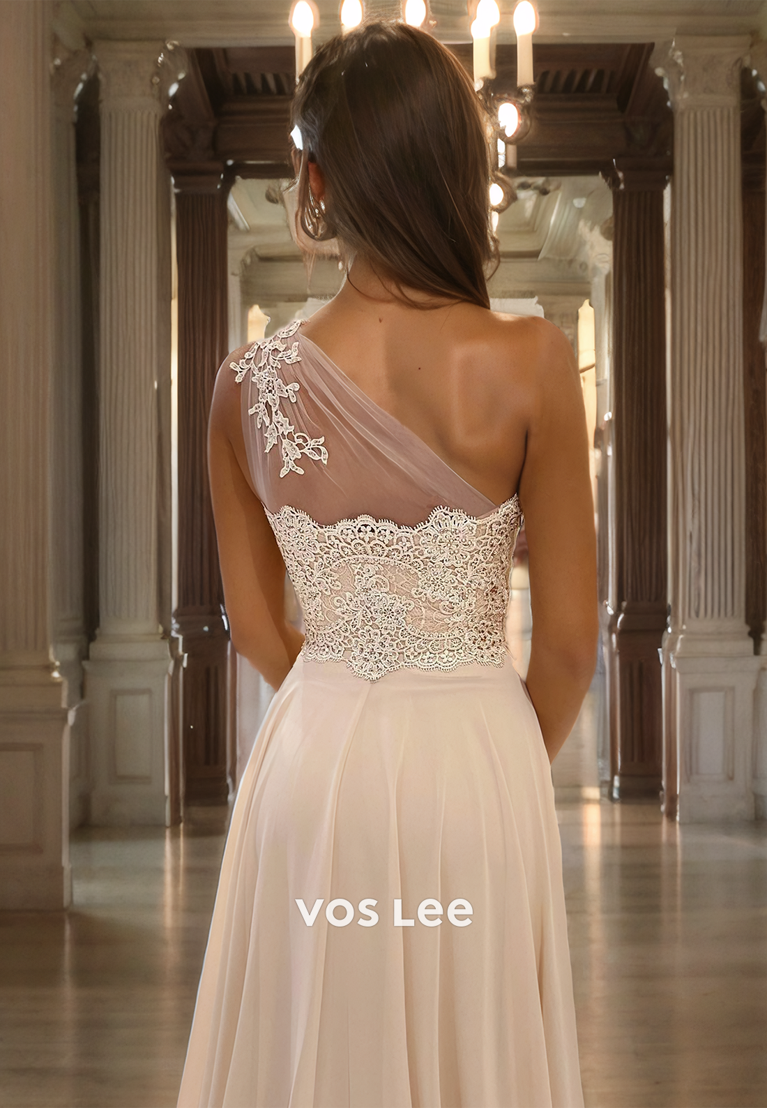 A-Line One Shoulder Sweep Train Cutout White Tulle Prom Dress with Applique Lace