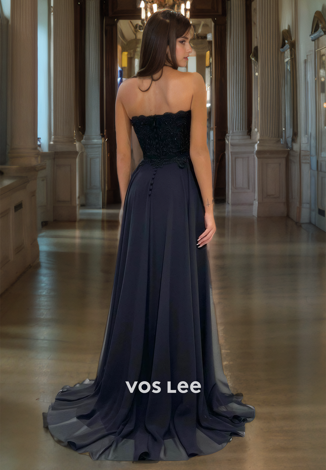 A-Line Sweetheart Strapless Sweep Train Black Tulle Prom Dress with Applique Lace