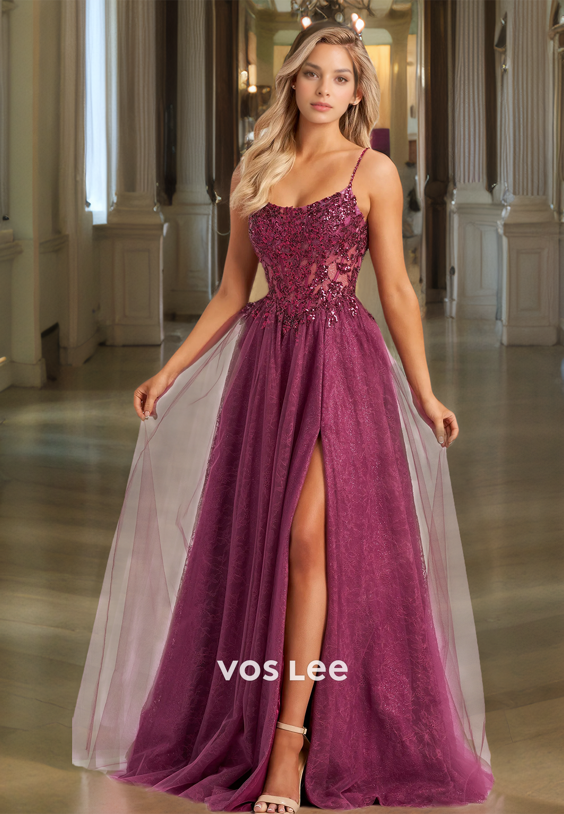 Charming A-Line Scoop Neck Lace Appliques Beaded Side Split Sequins Tulle Prom Formal Dress Glitter