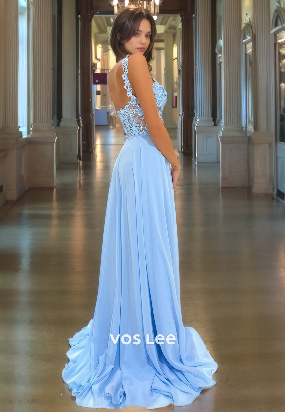 A-Line Spaghetti Straps Sweep Train Cutout Prom Dress with Applique Lace