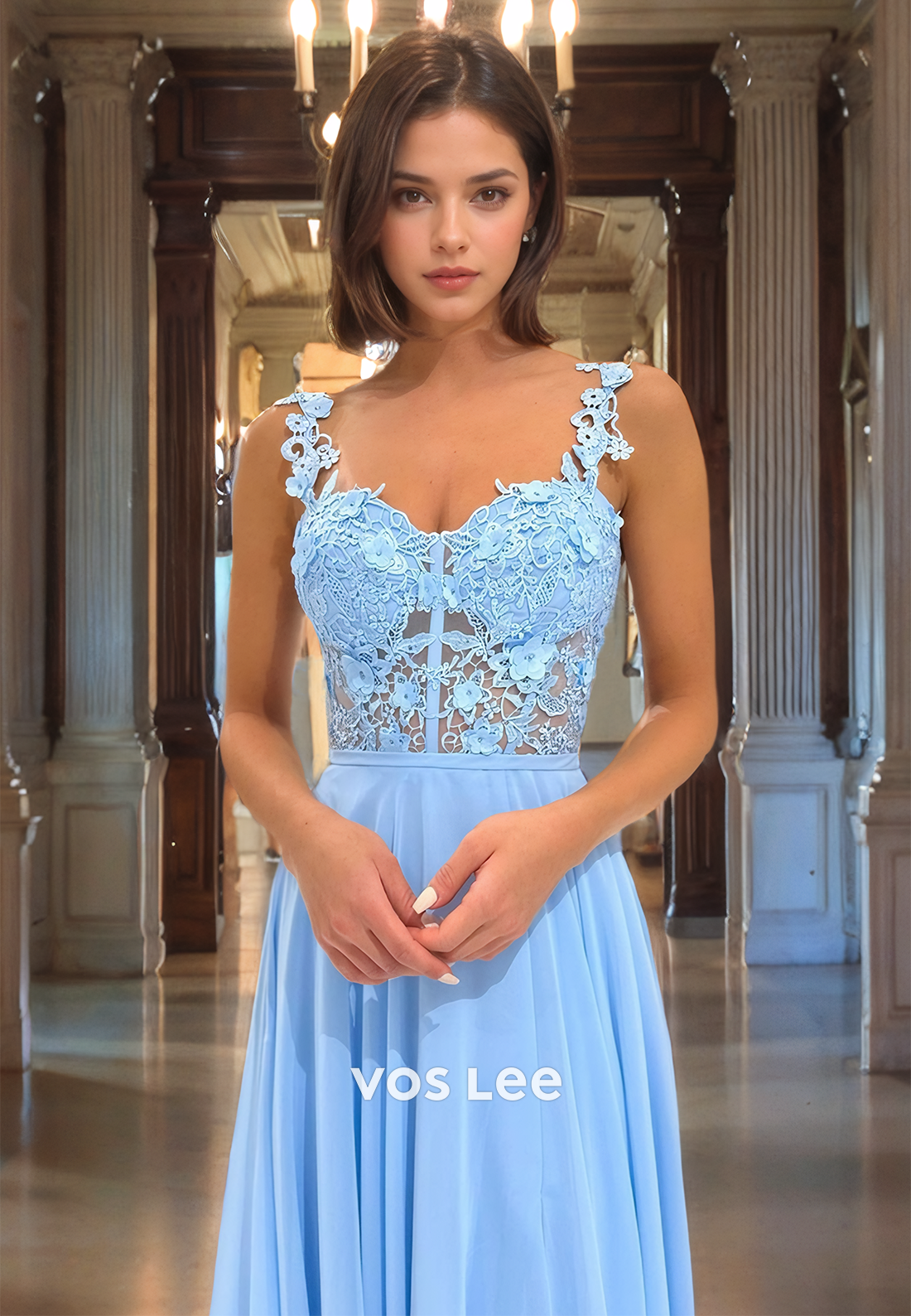 A-Line Spaghetti Straps Sweep Train Cutout Prom Dress with Applique Lace