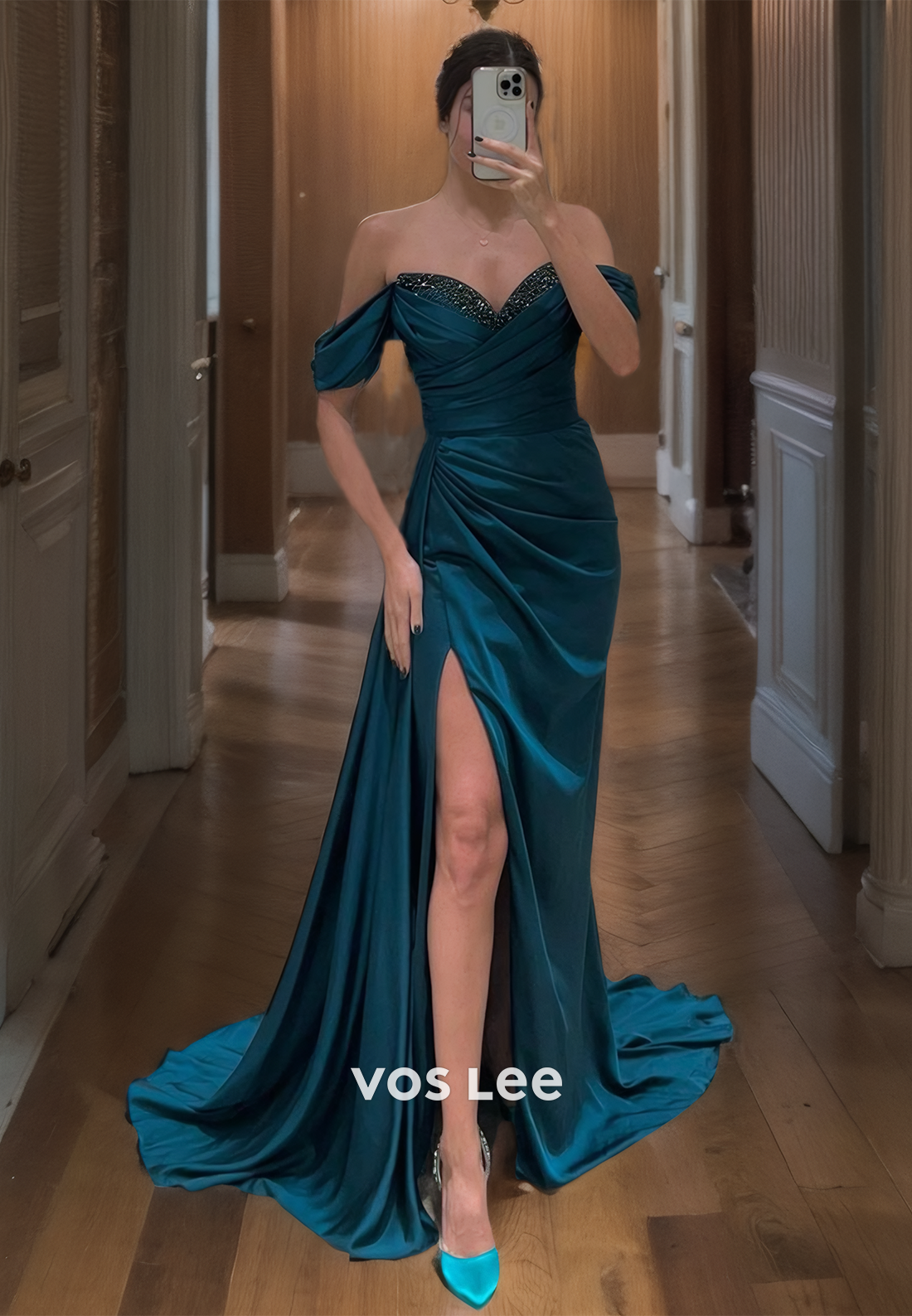 Graceful Sweetheart Satin Prom Dress Off-Shoulder Floor Length Formal Quinceanera Dress