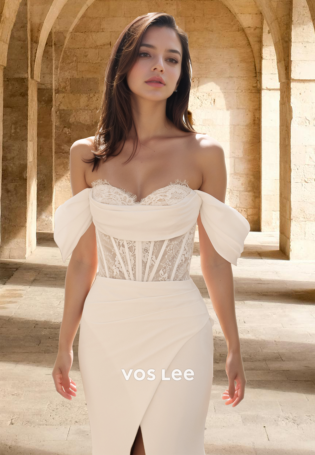 Classy A-Line Off Shoulder Side Split Court Train Ruched Satin Wedding Dress