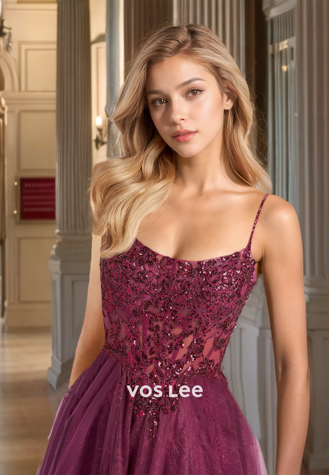 Charming A-Line Scoop Neck Lace Appliques Beaded Side Split Sequins Tulle Prom Formal Dress Glitter