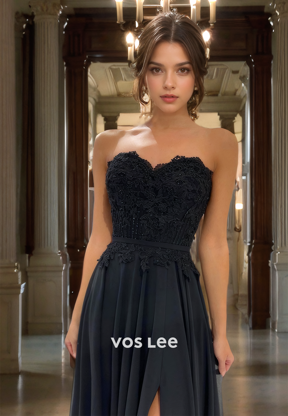 A-Line Sweetheart Strapless Sweep Train Black Tulle Prom Dress with Applique Lace