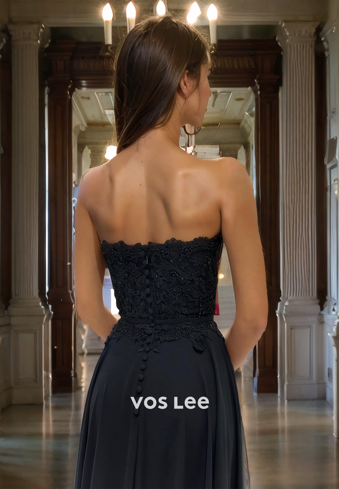A-Line Sweetheart Strapless Sweep Train Black Tulle Prom Dress with Applique Lace