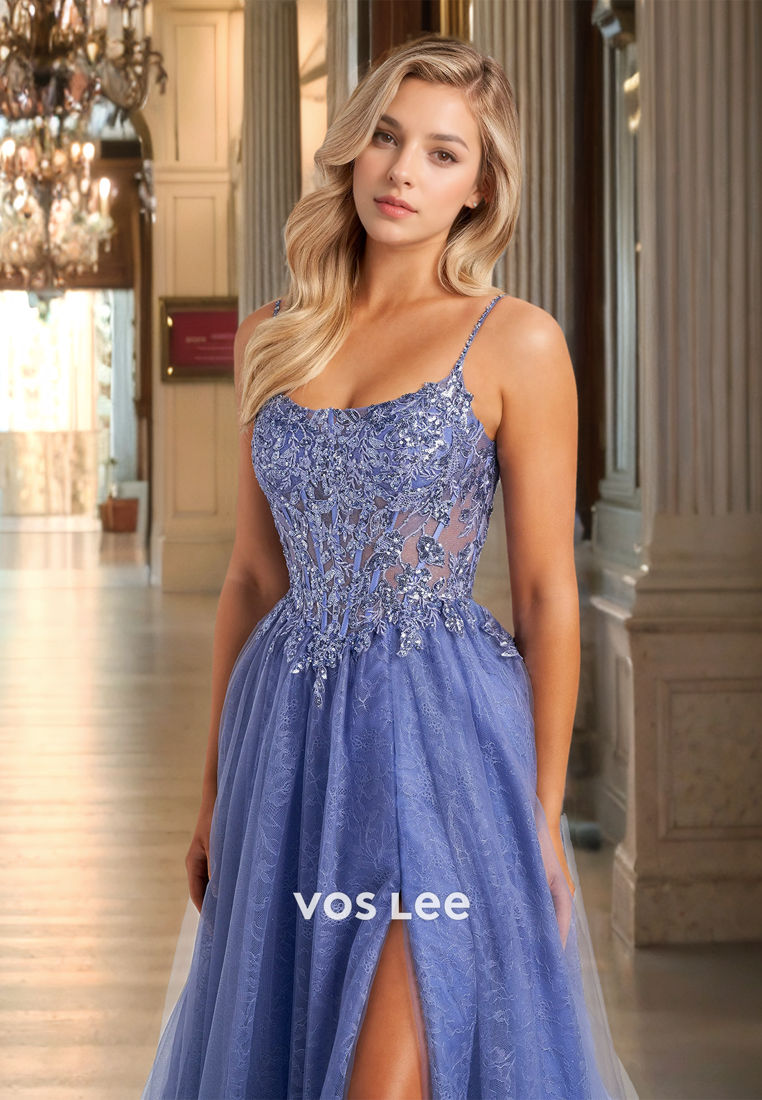 Charming A-Line Scoop Neck Lace Appliques Beaded Side Split Sequins Tulle Prom Formal Dress Glitter