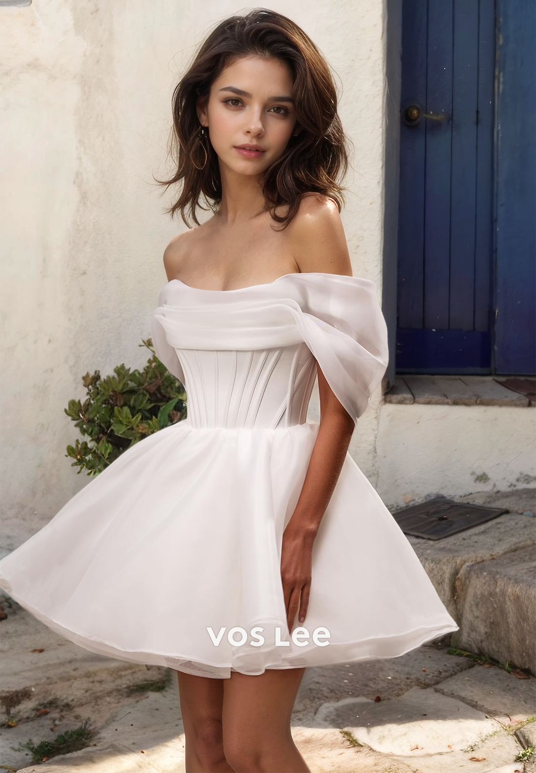 Graceful A-Line Off-Shoulder Mini Wedding Dress Pleated Lace Up Luxuriou Bridesmaid Dress