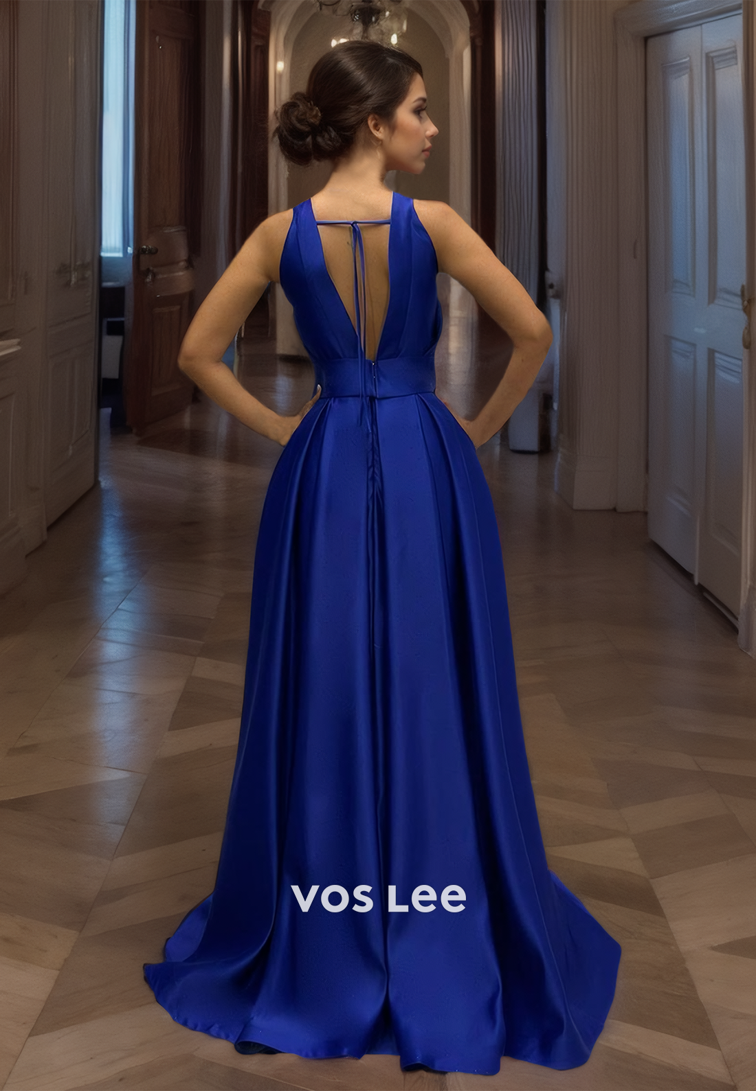 A-Line Straps Royal Blue Prom Dress Satin Backless Formal Occasion Party Evening Dreses