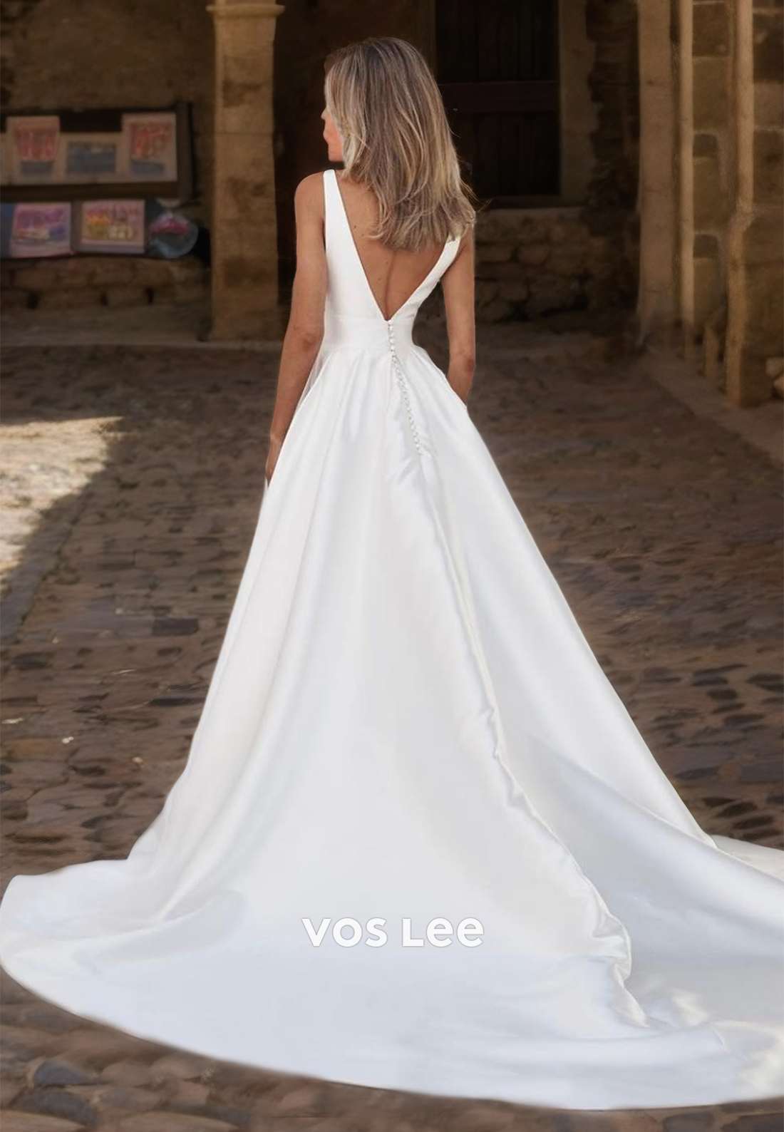 Sexy Deep V Neck A-Line Backless Side Split Court Train Ruched Satin Wedding Dress