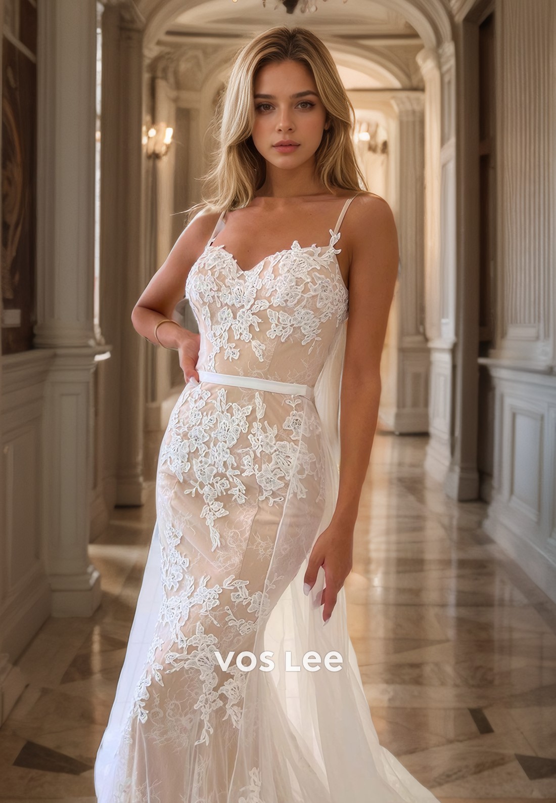 Fancy Spaghetti Straps Lace Bridal Dress Zipper Back Sweetheart Tulle Mermaid Prom Dress
