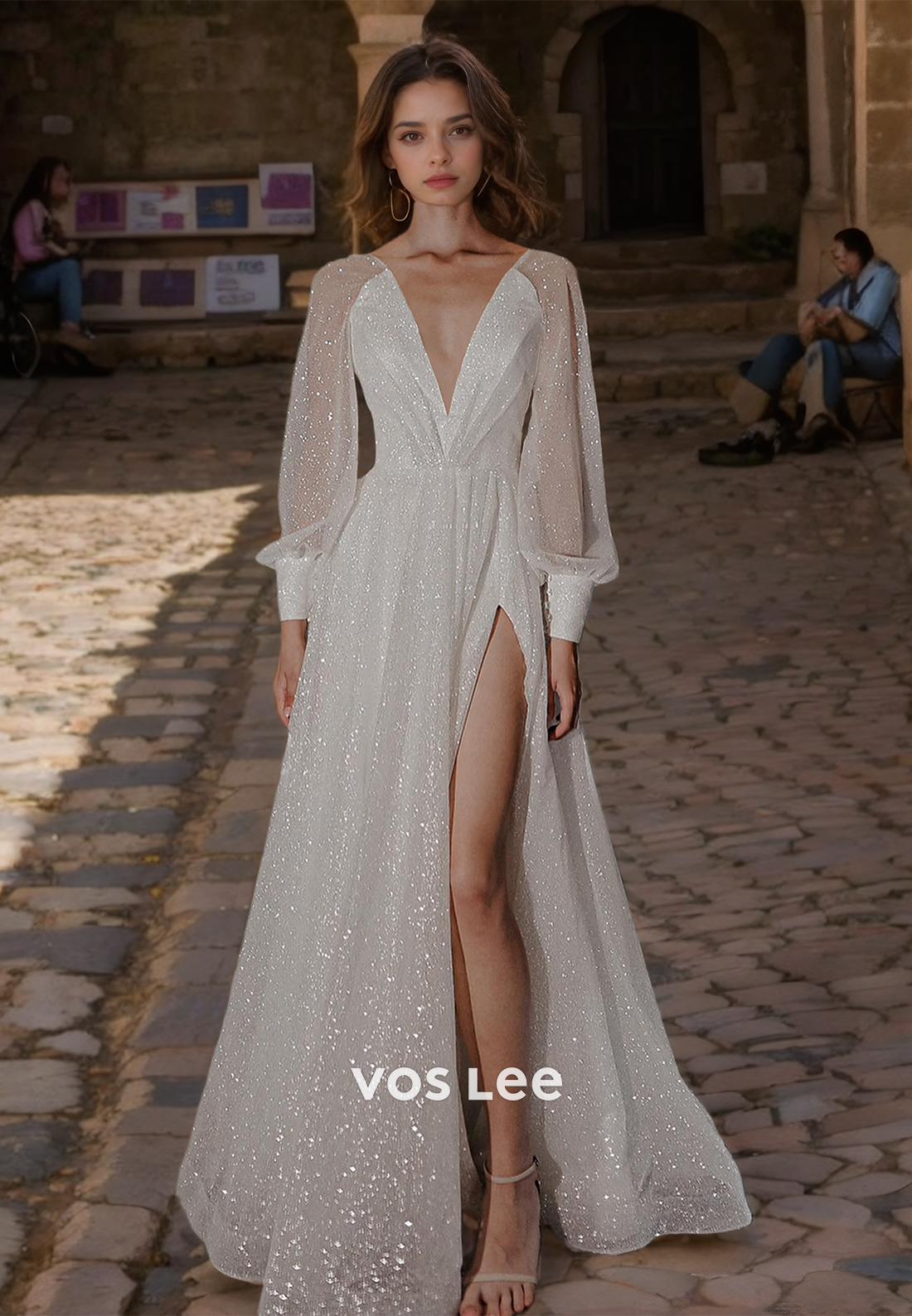 Charming A-Line Long Sleeves Illusion Side Split Backless Sequins Sweep Train Wedding Dress