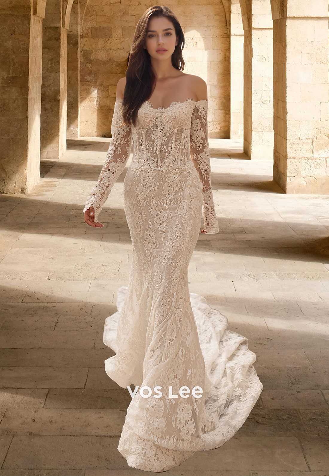 Luxury Mermaid Off Shoulder Long Sleeves Lace Appliques Wedding Bride VOS LEE Luxury Mermaid Off Shoulder Long Sleeves Lace Appliques Wedding Bride VOS LEE