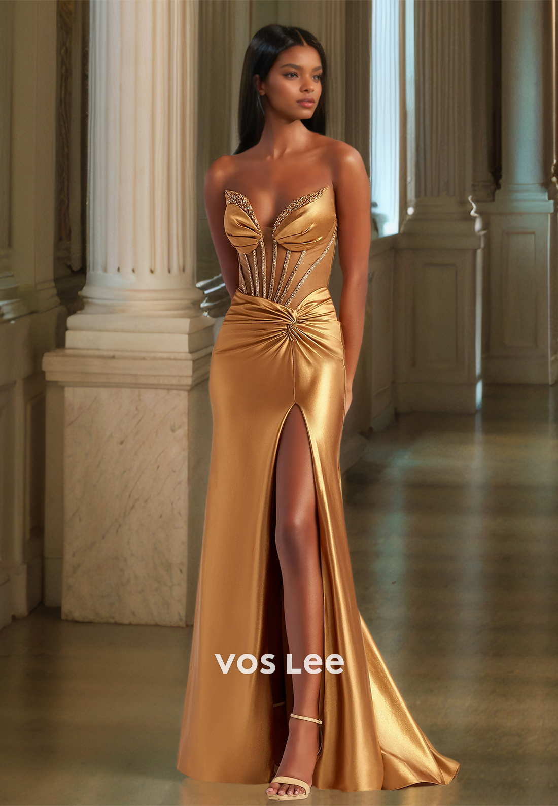 Luxury Column Sweetheart Lace Up Sleeveless Side Split Sequins Satin Prom Evening Dress