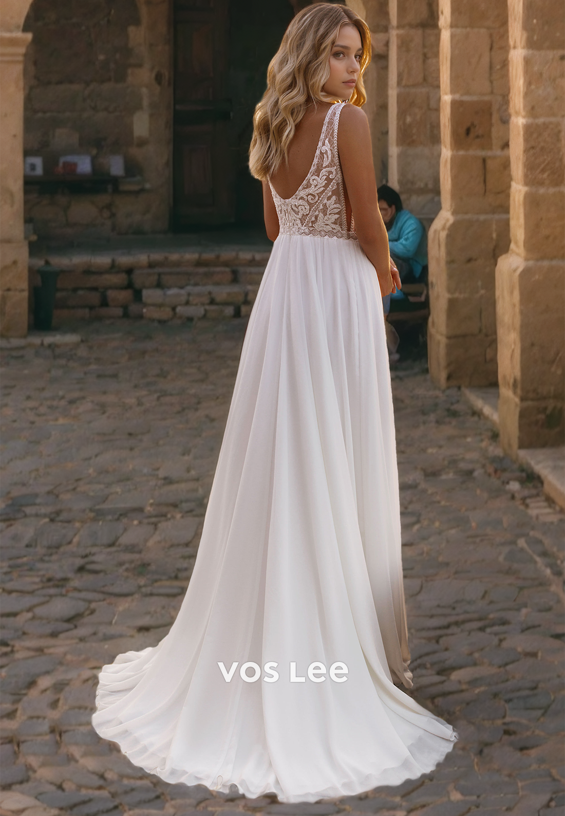 Elegant V-Neck Lace Wedding Dress Chiffon Floor Length Formal Wedding Gown