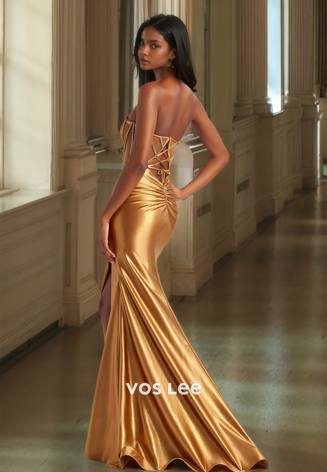 Luxury Column Sweetheart Lace Up Sleeveless Side Split Sequins Satin Prom Evening Dress