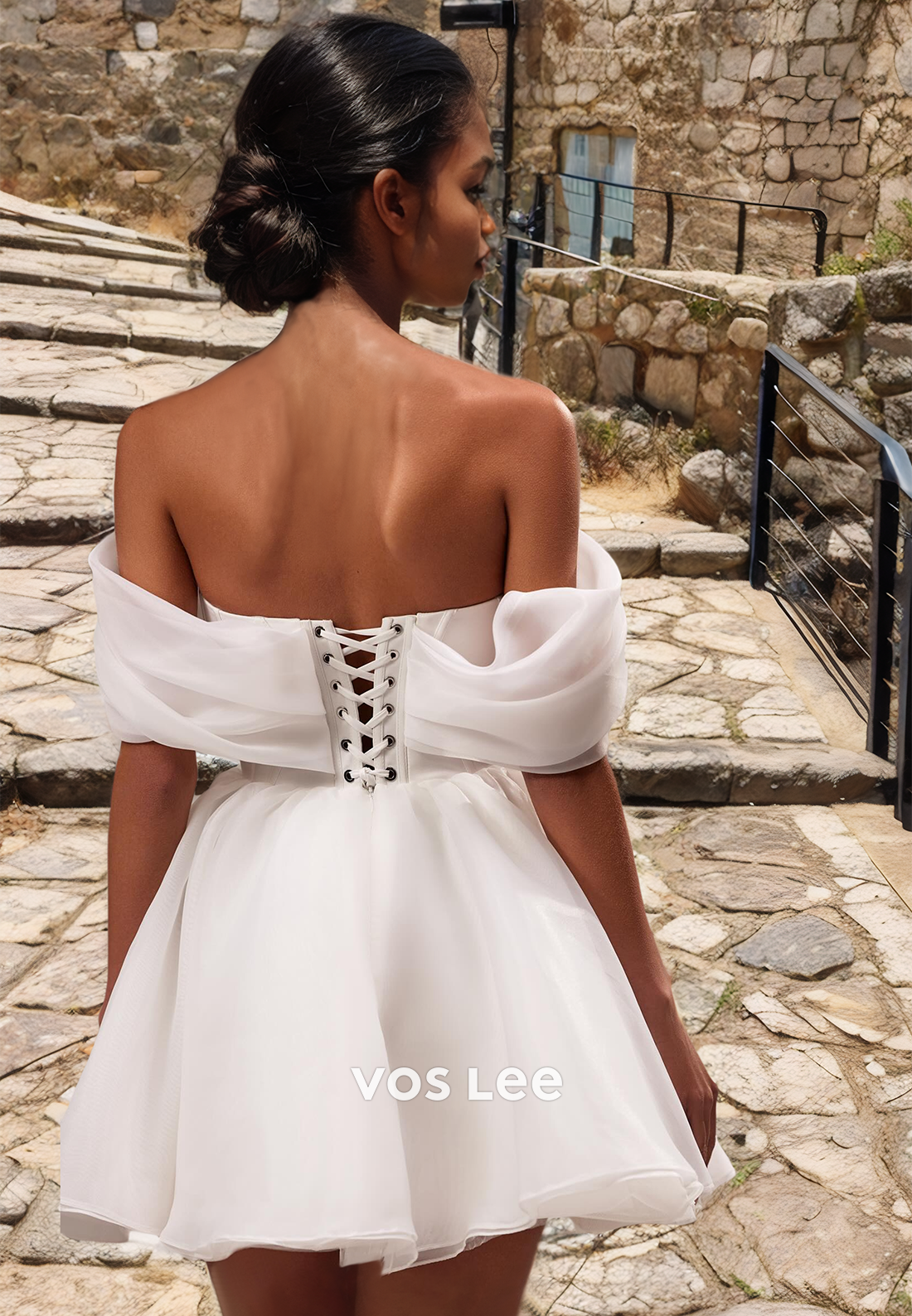 Graceful A-Line Off-Shoulder Mini Wedding Dress Pleated Lace Up Luxuriou Bridesmaid Dress
