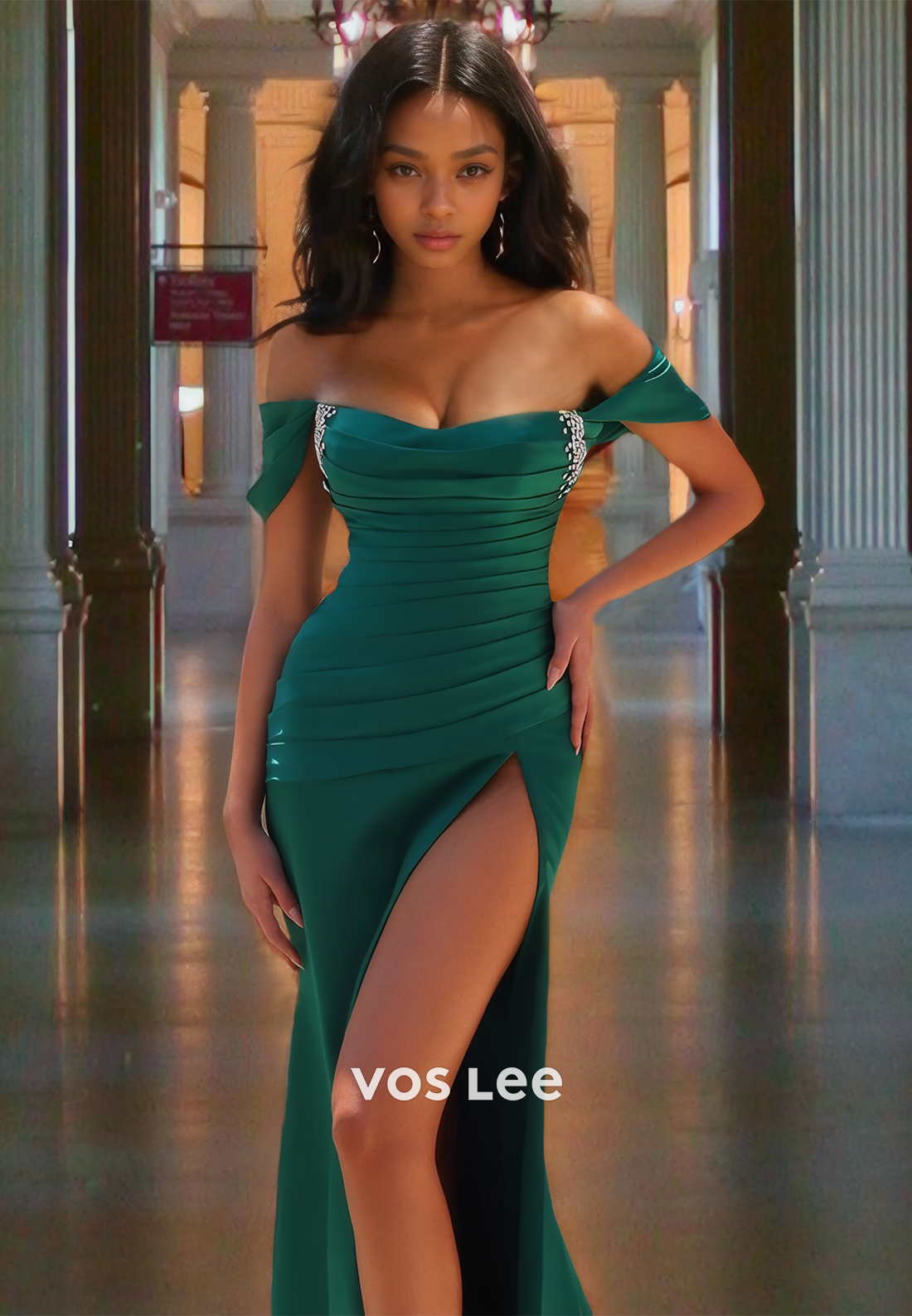 Satin Pleated Dark Green Prom Dress with High Slit Off-Shoulder Sweetheart Formal Quinceanera Dresses