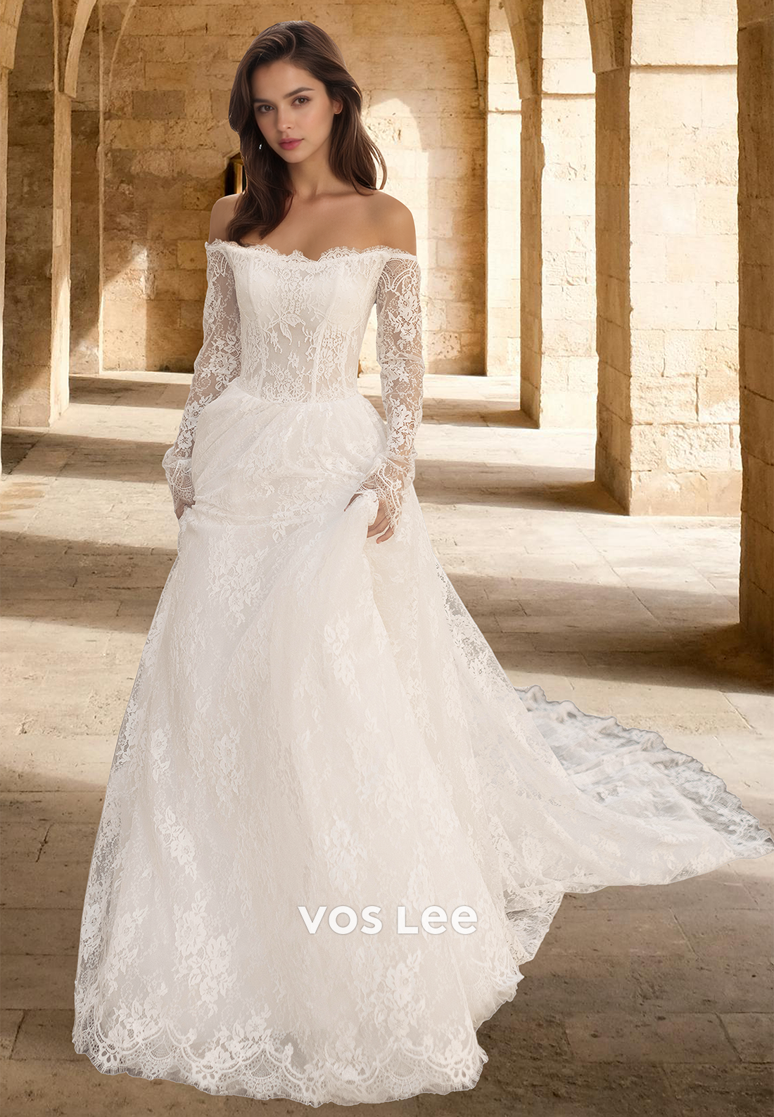 Graceful A-line Off Shoulder Court Train Long Sleeves Lace Draped Wedd VOS LEE Graceful A-line Off Shoulder Court Train Long Sleeves Lace Draped Wedd VOS LEE