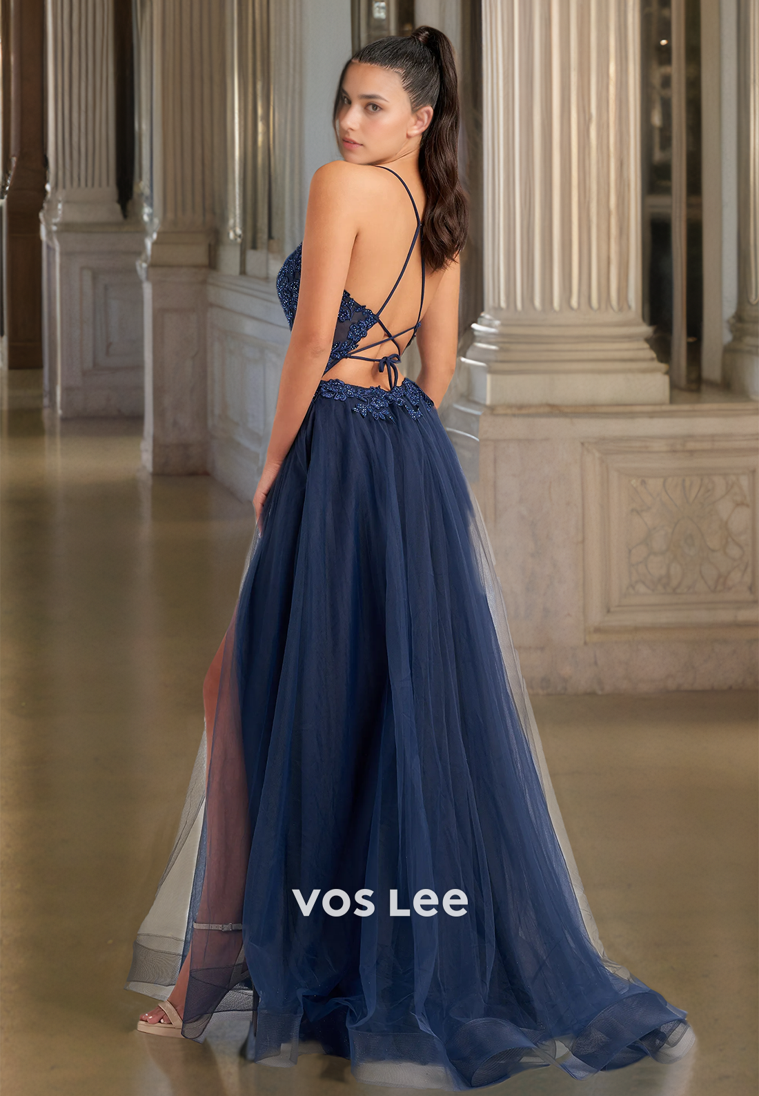 Gorgeous Deep V Neck A-Line Illusion Lace Up Appliques High Split Tulle Prom Evening Dress