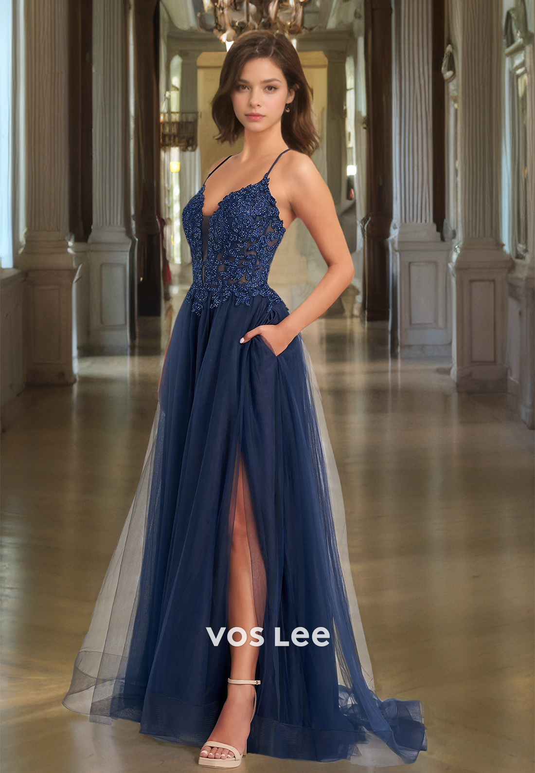 Gorgeous Deep V Neck A-Line Illusion Lace Up Appliques High Split Tulle Prom Evening Dress