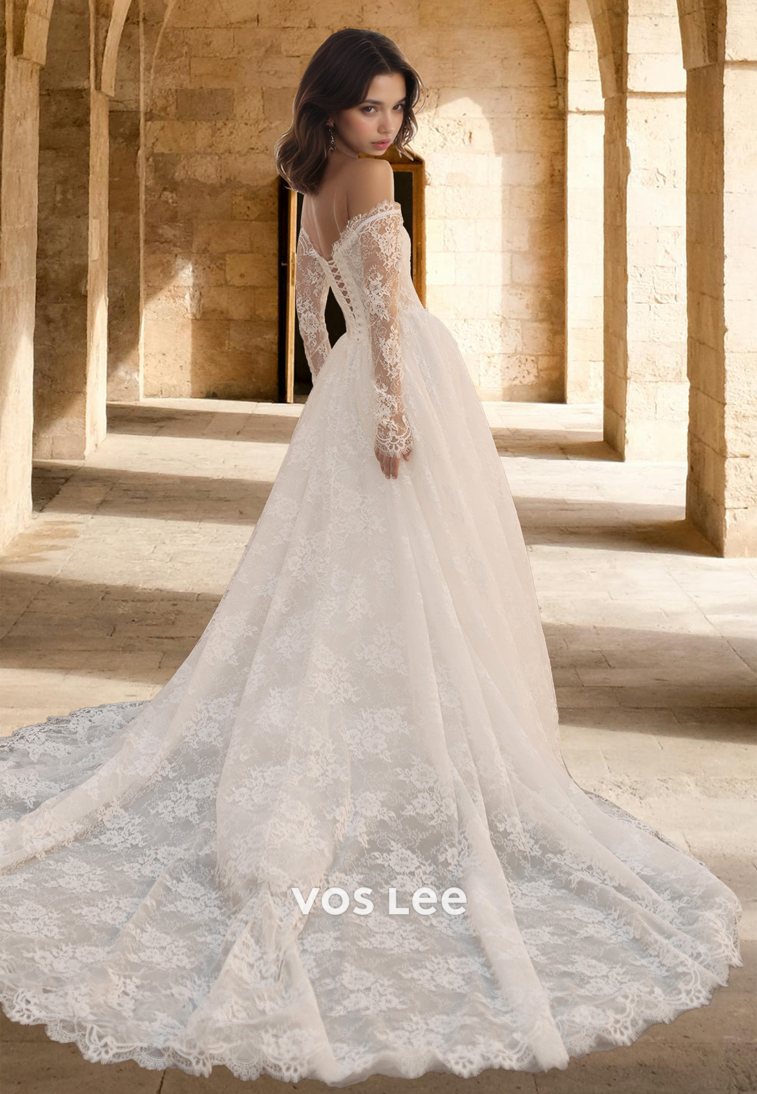 Graceful A-line Off Shoulder Court Train Long Sleeves Lace Draped Wedding Gown
