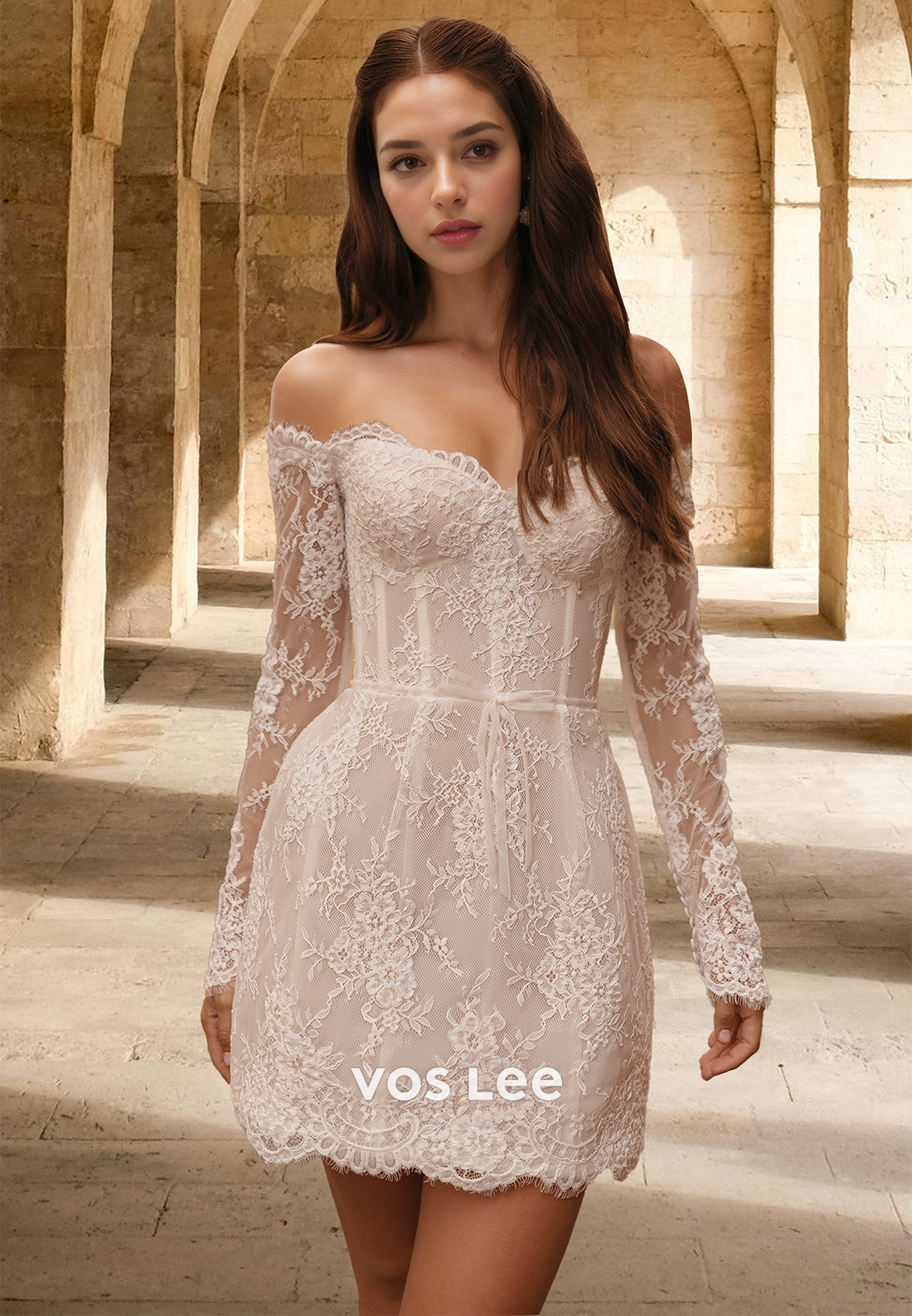 Modest Off Shoulder Lace Up A-Line Backless Short/Mini Wedding Guest Dress