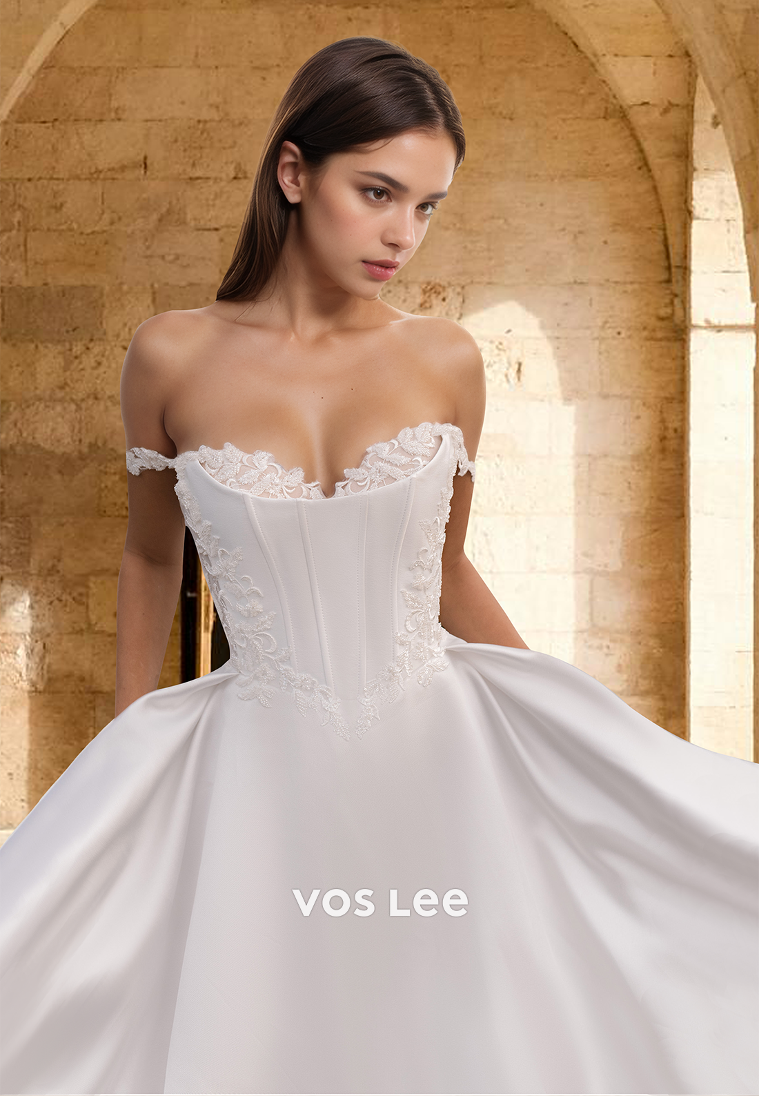Simple A-Line Off Shoulder Court Train Pleated Satin Wedding Bride Dress