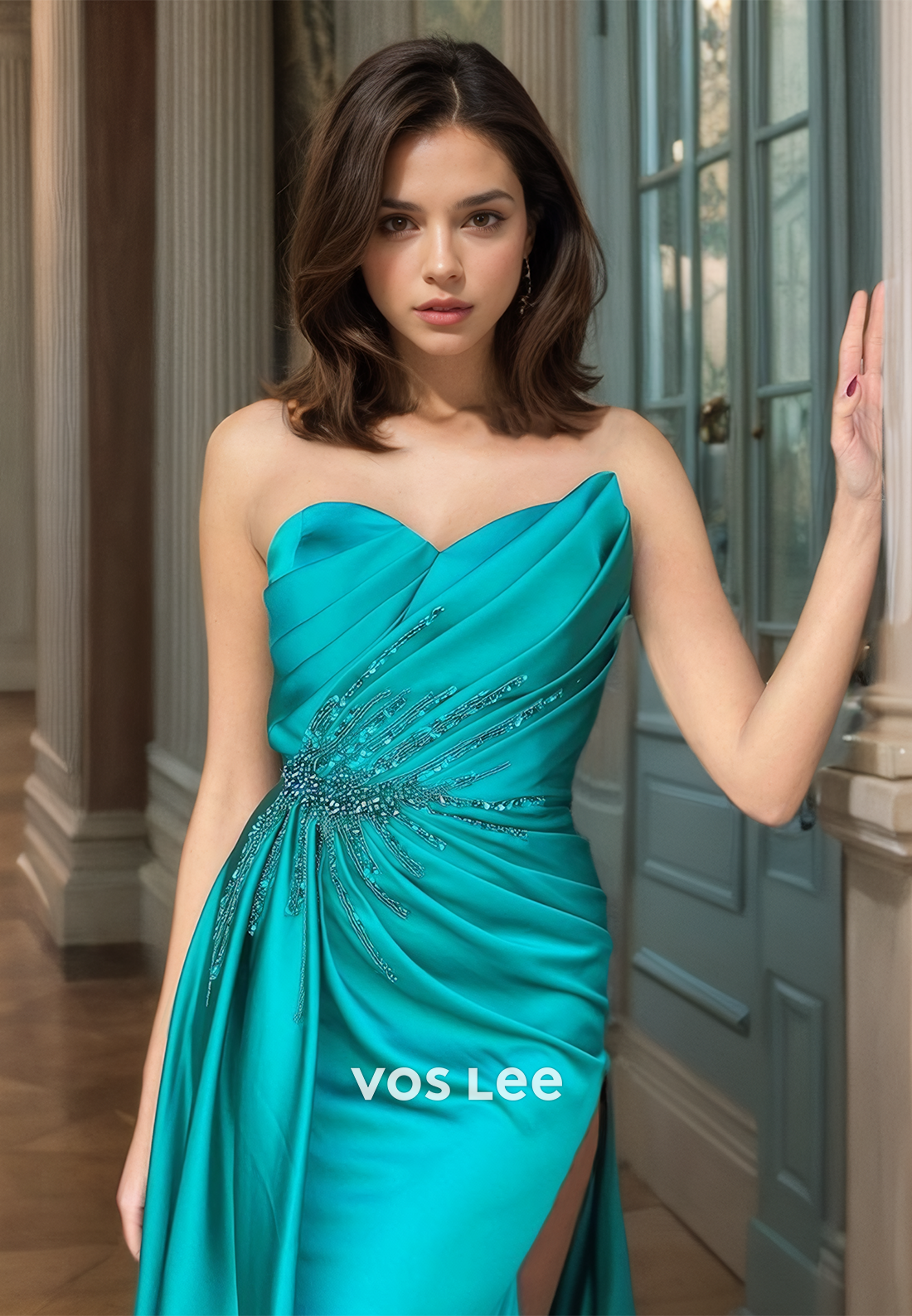 Elegant Mermaid Sweetheart Satin Prom Dress Strapless Pleated Floor Length Quinceanera Dresses