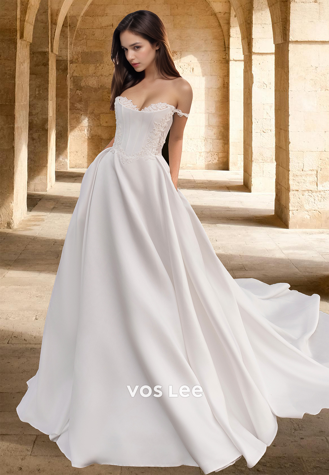 Simple A-Line Off Shoulder Court Train Pleated Satin Wedding Bride Dress