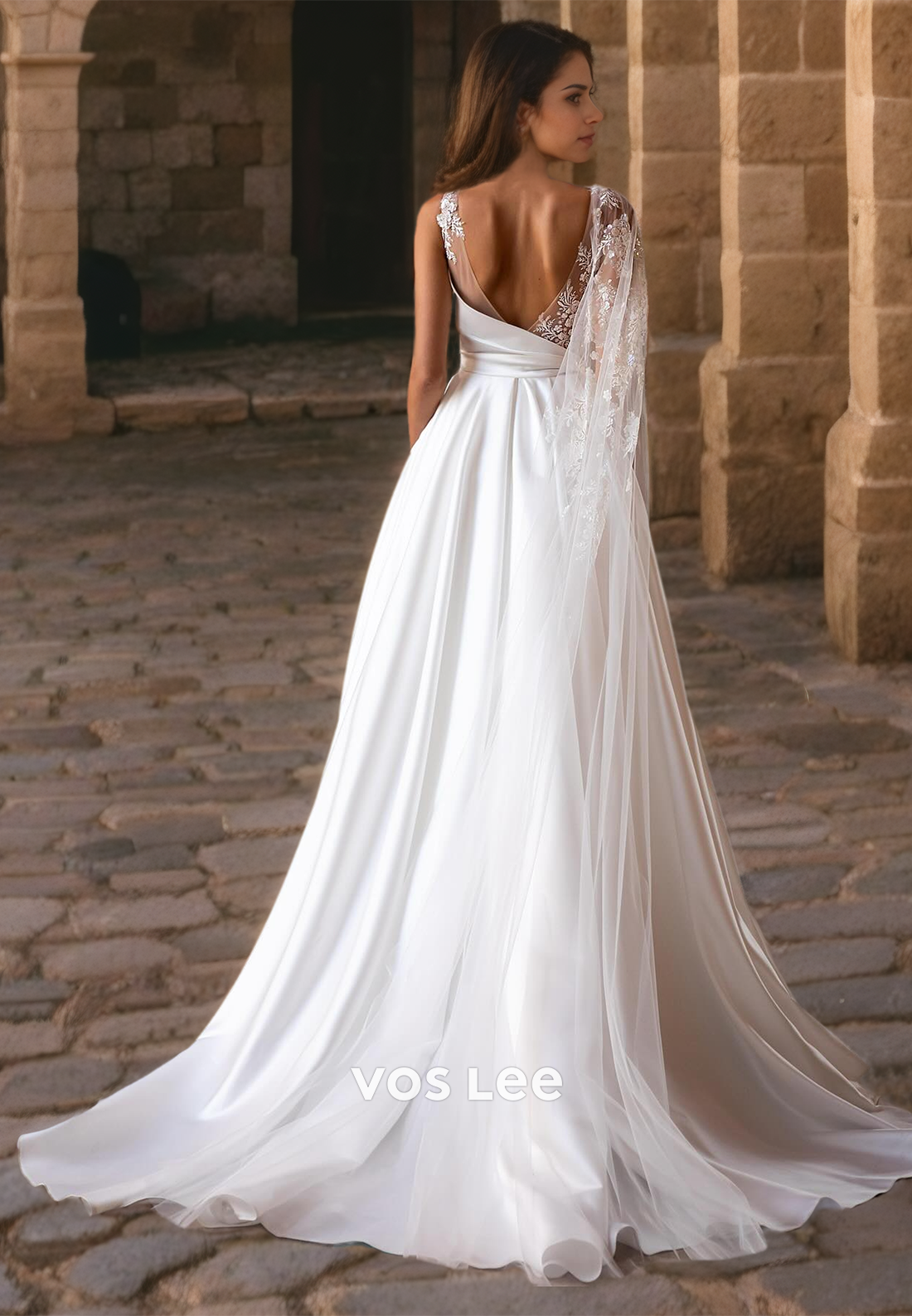 A-Line Satin Backless Formal Wedding Dress Floor Length Jewel Bridal Princess Dresses