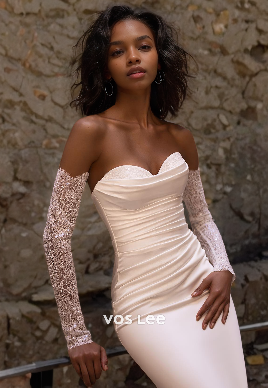Sexy Mermaid Long Sleeves Sequins Sweetheart Ruched Court Train Wedding Dress