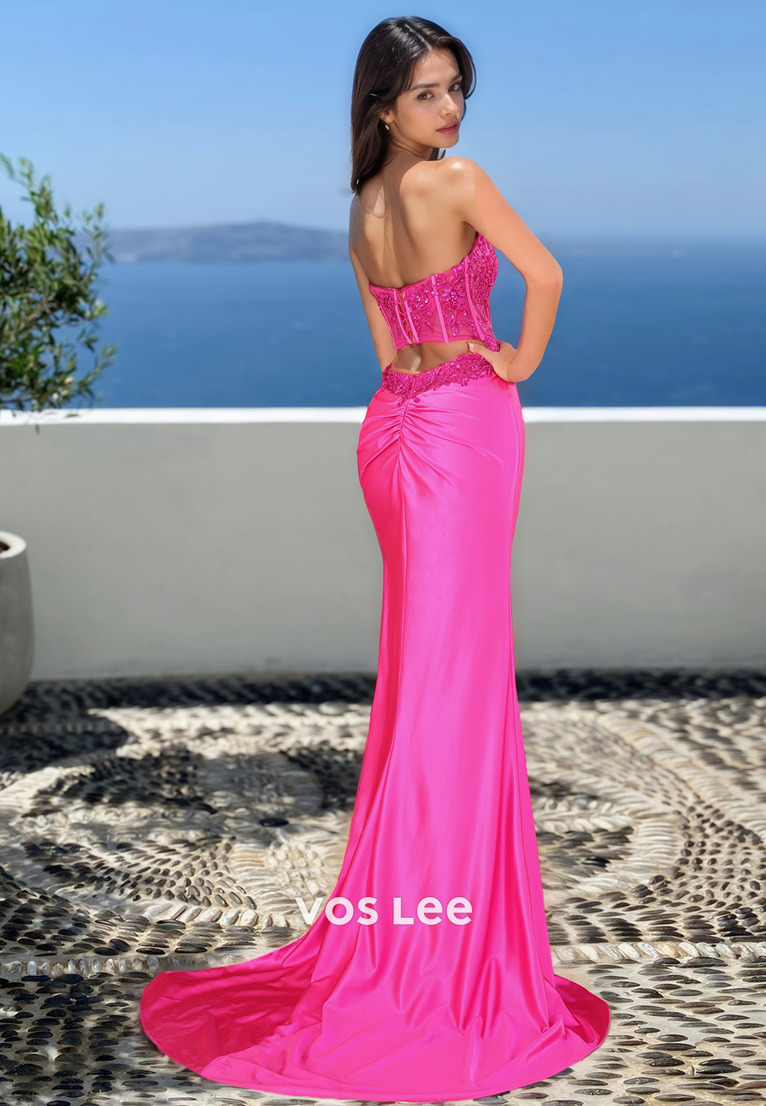 Graceful Strapless Sheath Lace Appliques High Split Sweep Train Sequins Prom Formal Dress