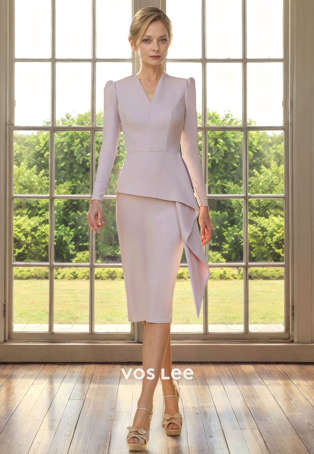 Elegant V Neck Long Sleeves Sheath Knee Length Mother of the Bride Dress