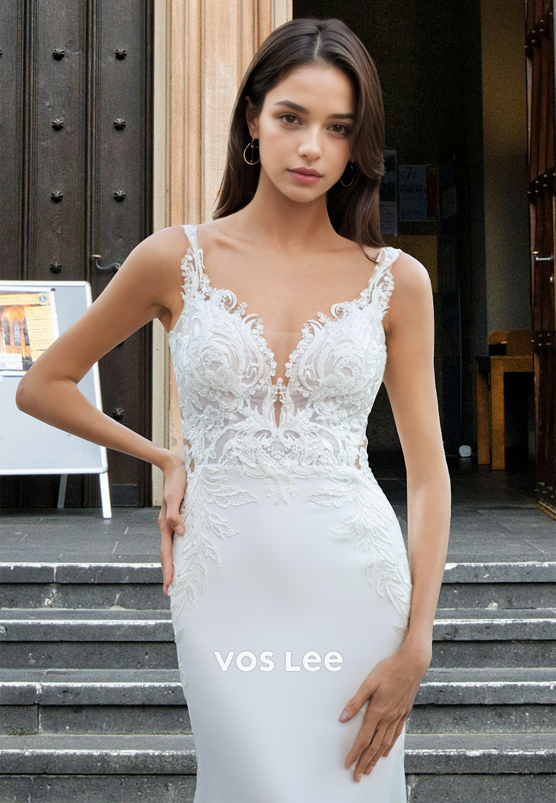 Unique Mermaid/Trumpet V Neck Backless Court Train Lace Wedding Gown
