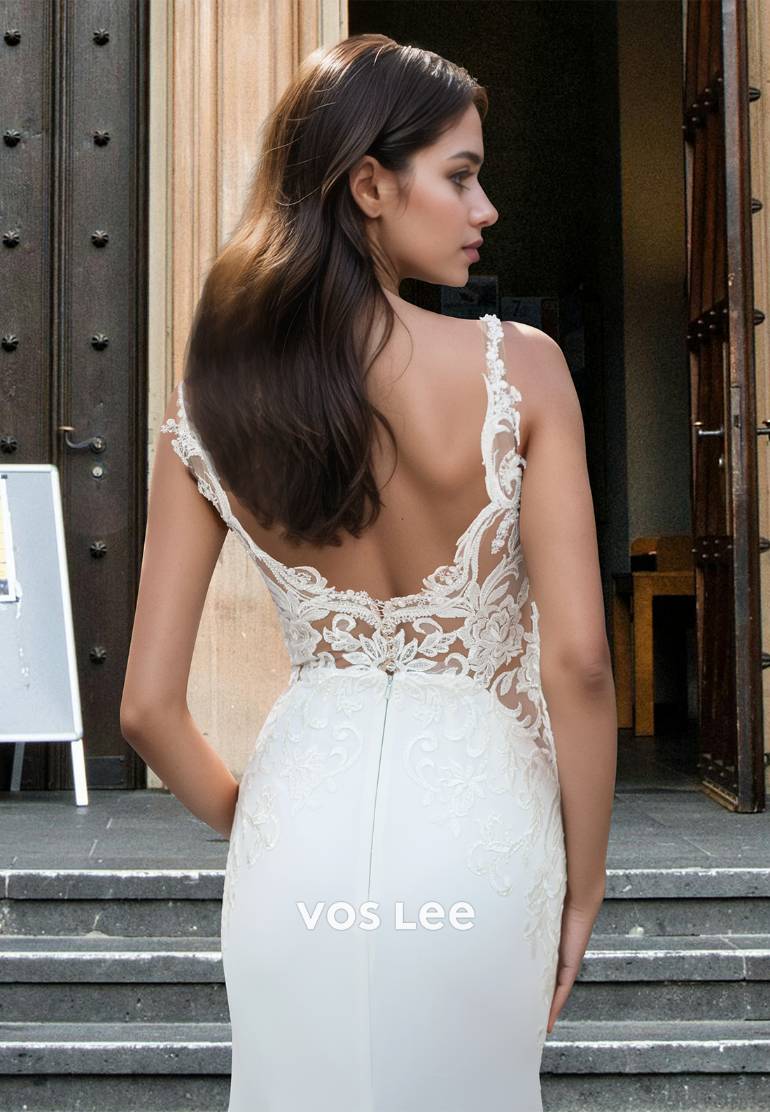 Unique Mermaid/Trumpet V Neck Backless Court Train Lace Wedding Gown