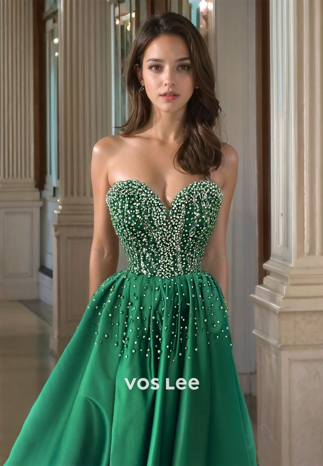 Sexy A-Line Sweetheart Back Zipper Dark Green Beaded Pleated Side Split Satin Prom Formal Dress