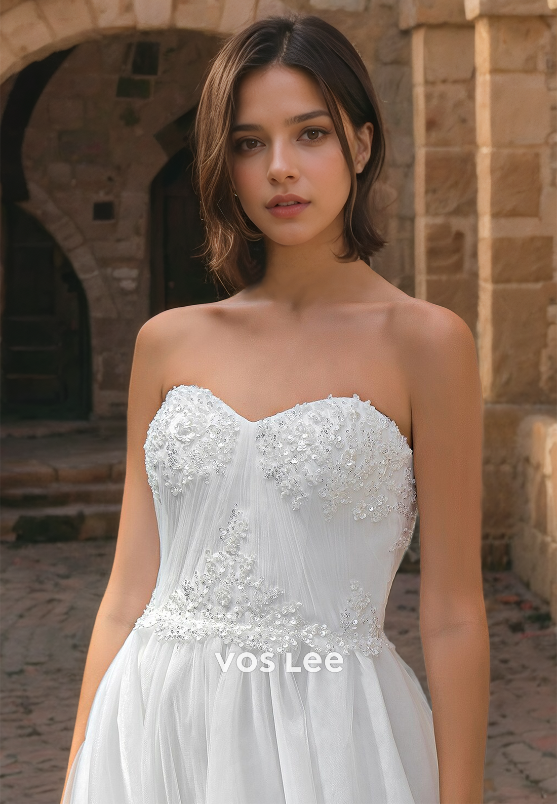 A-Line Sweetheart Luxury Tulle Formal Wedding Dress Cap Sleeves Sequined Floor Length Princess Gown